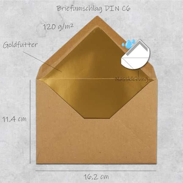 Envelopes DIN C6-114 x 162 mm â€“ 11.4 x 16.2 cm, wet adhesive, gold-silver metallic lining 100 Umschläge Kraftpapier Braun | Gold