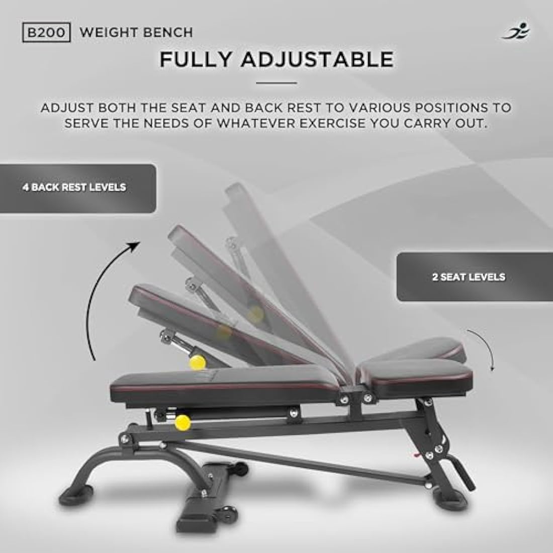JLL® B200 Adjustable Weight Bench, Multiple levels of incline, Heavy-duty frame suitable for weight lifting exercises, Full body workouts, Home gym use