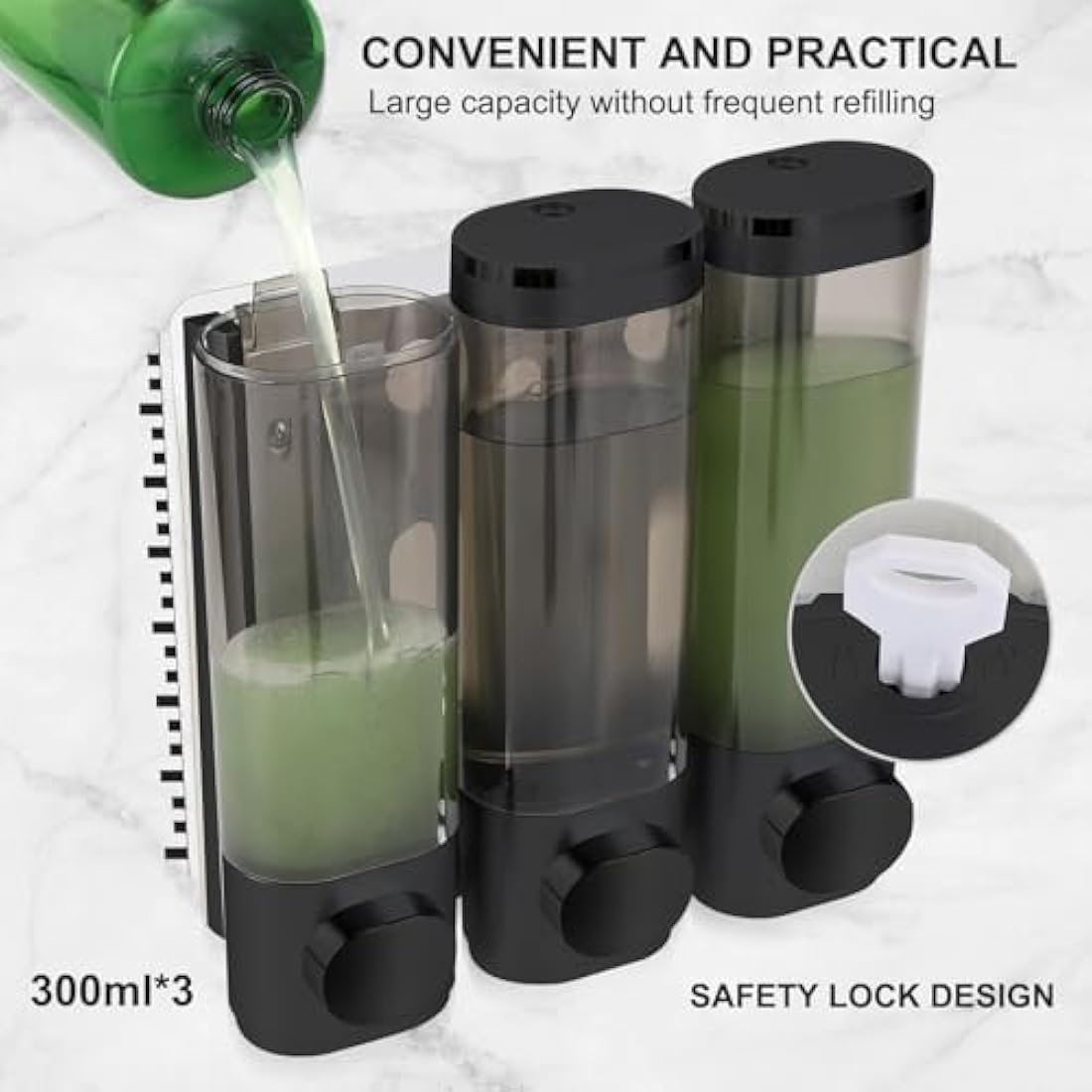 LKEVREG Soap Dispenser Wall Mounting, Shampoo Shower Gel Dispenser, Set of 3, No Drilling, 300 ml Each, Leak-Proof, Black