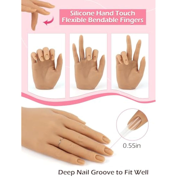 Adonafy Practice Hand for Acrylic Nails - Silicone Nail Practice Hand - Flexible Nail Hand Practice Model for Beginners - Bendable Fake Hand for Professional Salons Home DIY Nail Art, Natural