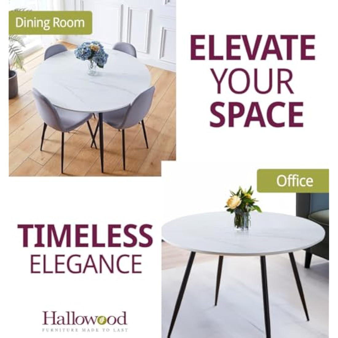 Hallowood Furniture Cullompton Large Marble Effect Top White Dining Table with Black Metal Legs, 4-6 Seater Round Table for Dining Rooms, Kitchens, or Cafés