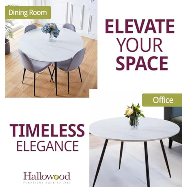 Hallowood Furniture Cullompton Large Marble Effect Top White Dining Table with Black Metal Legs, 4-6 Seater Round Table for Dining Rooms, Kitchens, or Cafés