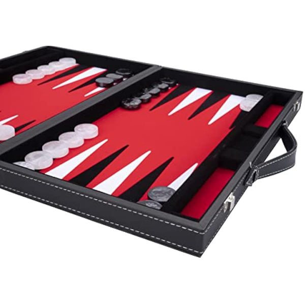 Engelhart - 250510 - Large Luxury Backgammon 18 Inches - Black - 45 cm - Faux Leather - Felt Inlay - Pearl Dice & Chips + 2 Cups - Strategy Game - Pro & Leisure