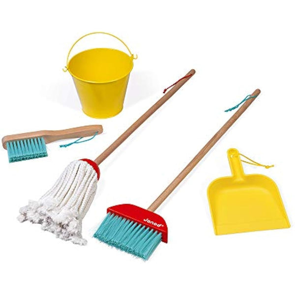 Janod - Cleaning Set - 5 Realistic Wooden Accessories - Broom + Mop + Bucket + Shovel + Brush - Imitation Wooden Toy for Children - from 2 Years Old, J06588