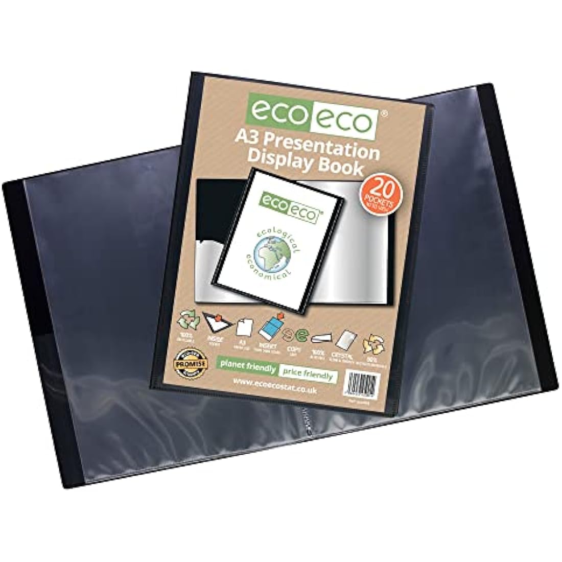 eco-eco A3 Size 50% Recycled 20 Pocket Black Presentation Display Book, Storage Case Portfolio Art Folder with Plastic Sleeves