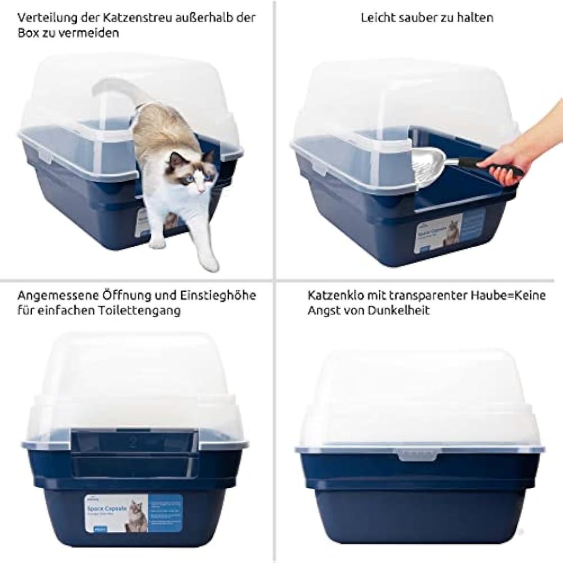 Petfamily 3-in-1 Cat Litter Box with Transparent Hood - Foldable Large Hooded cat litter Tray, Covered Cat Toilet with Anti-Leak Design, Space Saving Litter Pan for Kittens & Adult Cats 55x45x44cm