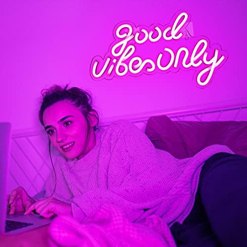 Good Vibes Only Neon Sign Pink LED Word Light Up Sign Neon Wall Lights Signs Acrylic Letters LED Signs for Bedroom Wall Bar Party Decor 16.5" X 9.4"