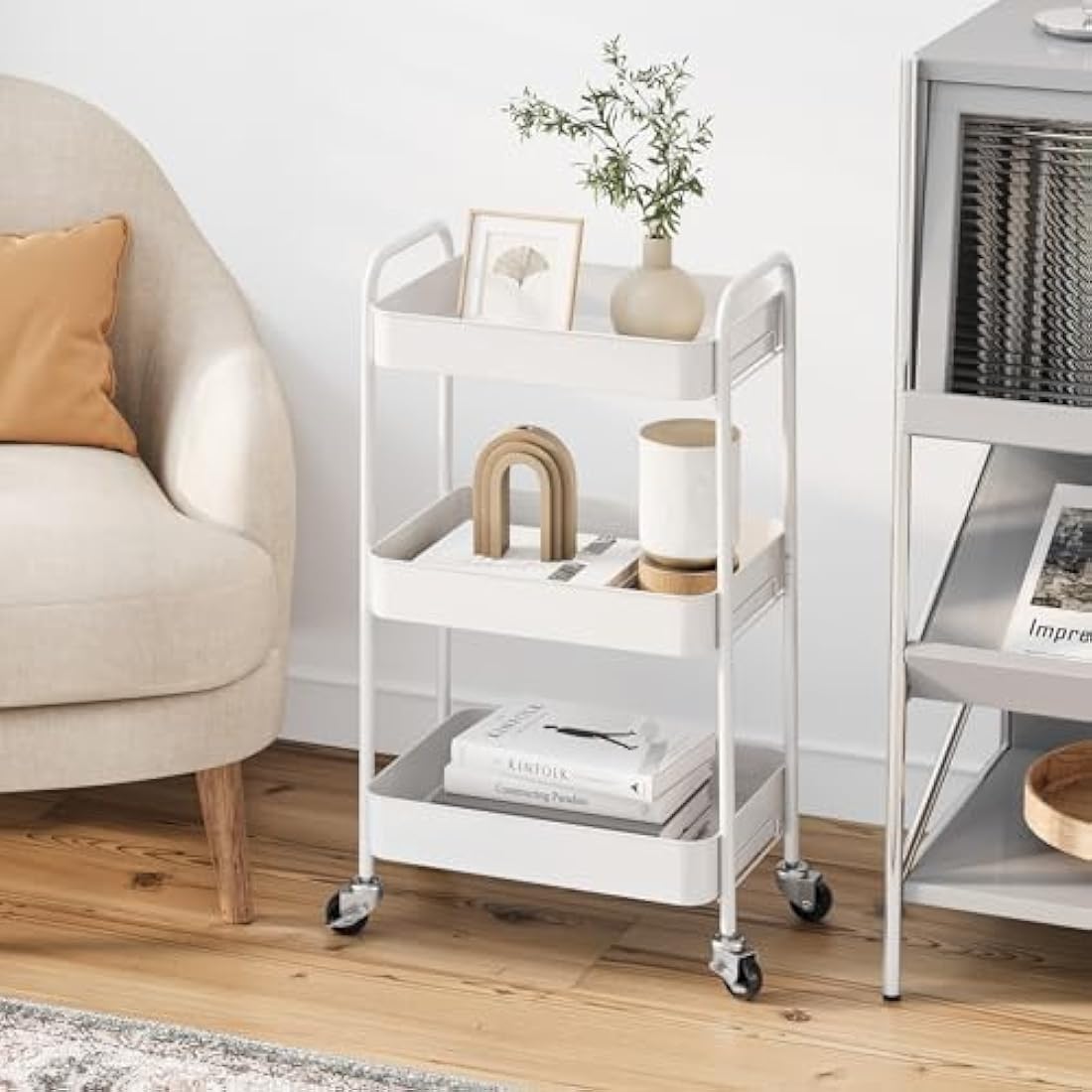 KINGRACK 3 Tier Metal Storage Trolley on Wheels, Beauty Book Craft Tea Art Trolley for Home Bathroom Kitchen Laundry, No screws needed Easy Rolling Utility Cart Mobile Storage Shelving Organizer