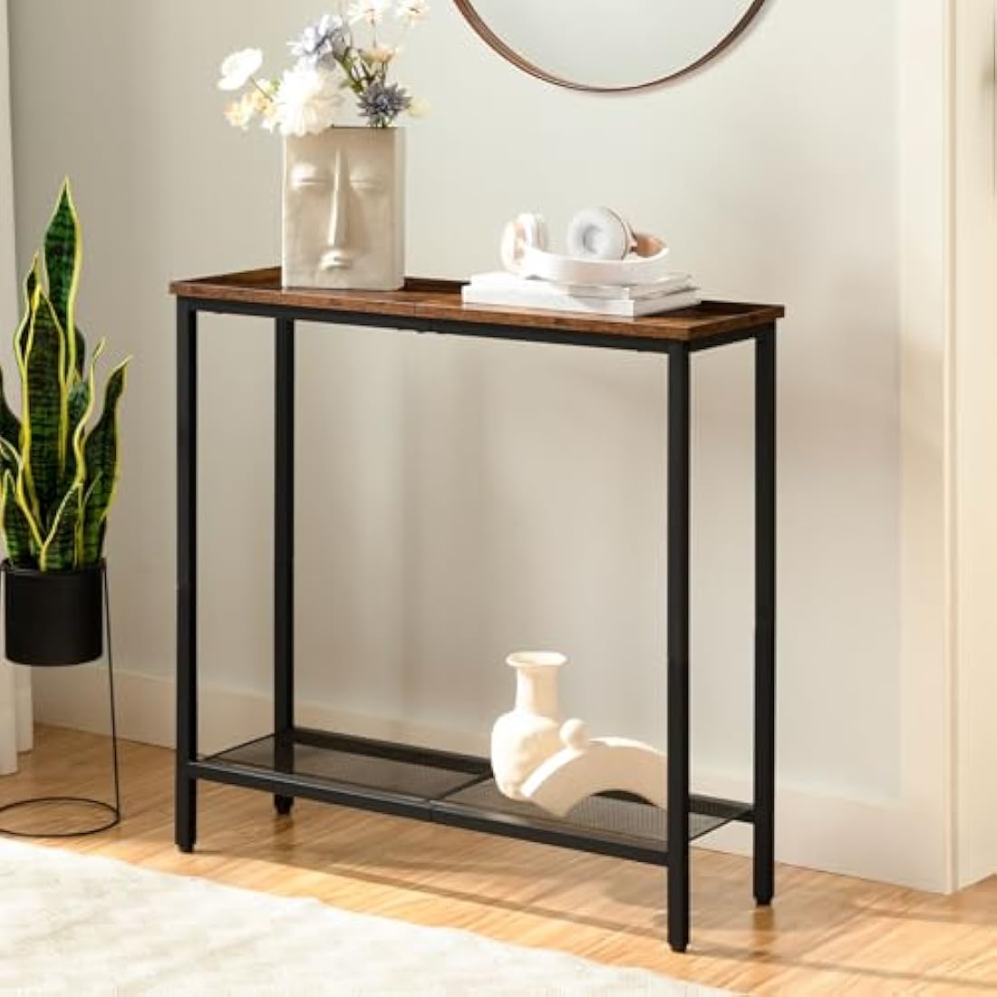 HOOBRO Slim Console Table with Storage, Narrow Console Table for Hallway, Industrial Hallway Table, Slim Sofa Table for Living Room, Bedroom, Rustic Brown and Black EBF74XG01