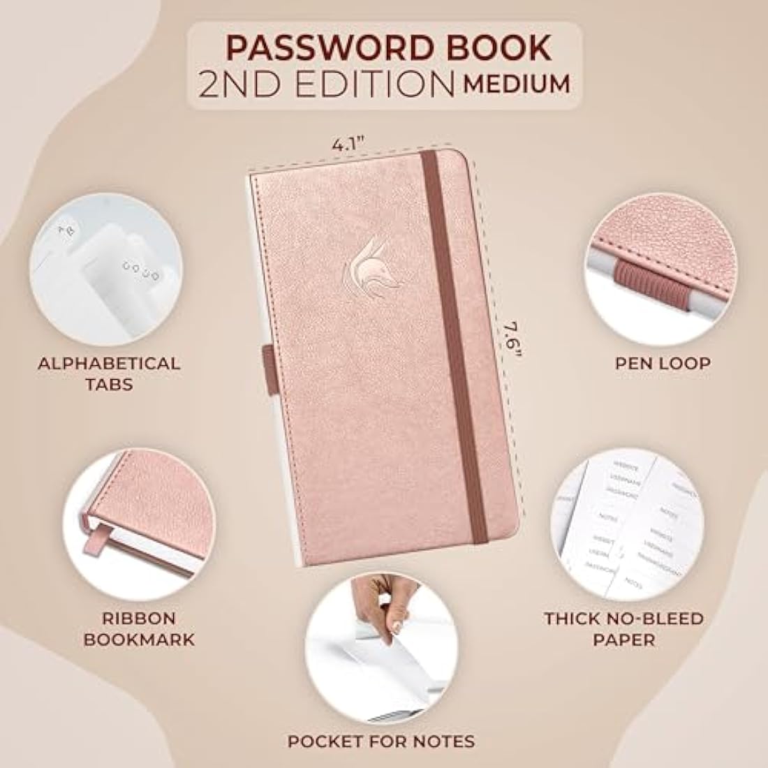 Clever Fox Password Book 2nd Edition – Hardcover Password Keeper with Laminated Alphabetical Tabs – Internet Address Notebook & Login Details Organizer Journal – 10.4x19.3cm (Rose Gold)