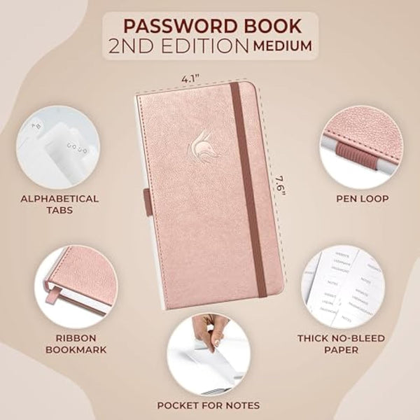 Clever Fox Password Book 2nd Edition – Hardcover Password Keeper with Laminated Alphabetical Tabs – Internet Address Notebook & Login Details Organizer Journal – 10.4x19.3cm (Rose Gold)