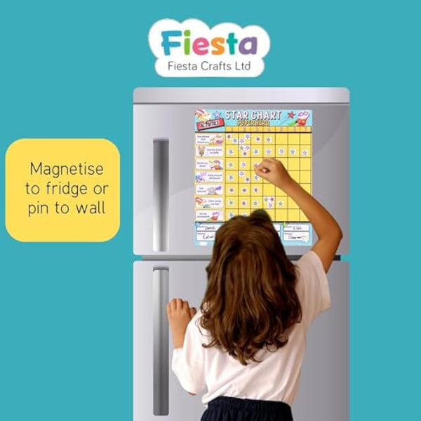 Fiesta Crafts Superhero Star Reward Chart - Magnetic Chore Board for Kids & Toddlers - Colour-Coded & Tracks Up to 4 Children to Encourage Good Behaviour - 200+ Stars, 19 Activity Suggestions, & Pen