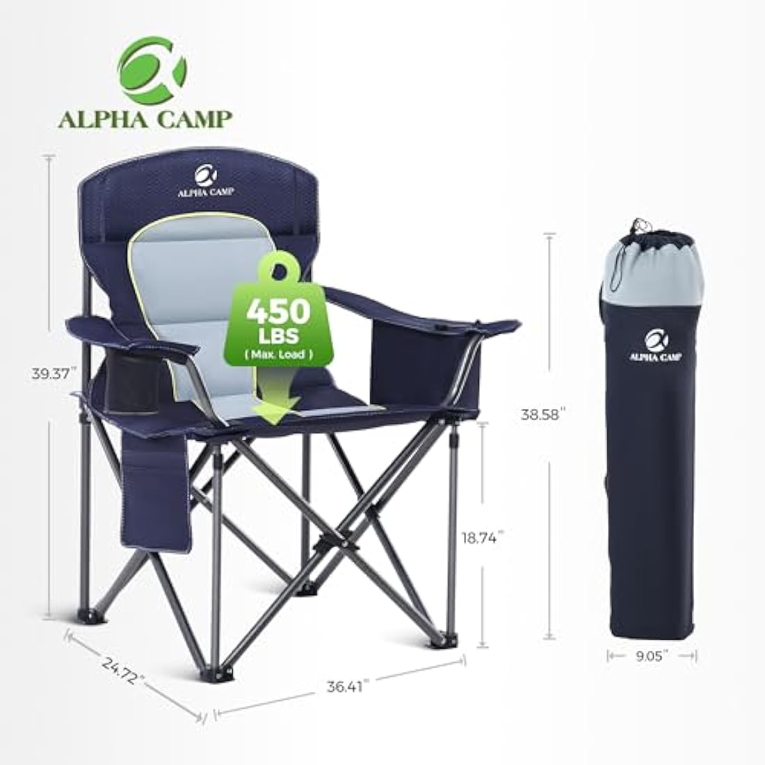 ALPHA CAMP Camping Chairs for Adults Heavy Duty Camping Chair Up to 200 kg Folding Camp Chair with Cup Holder and Cooler Bag for Outdoor Picnic Fishing, Lightweight and Portable, Navy Blue