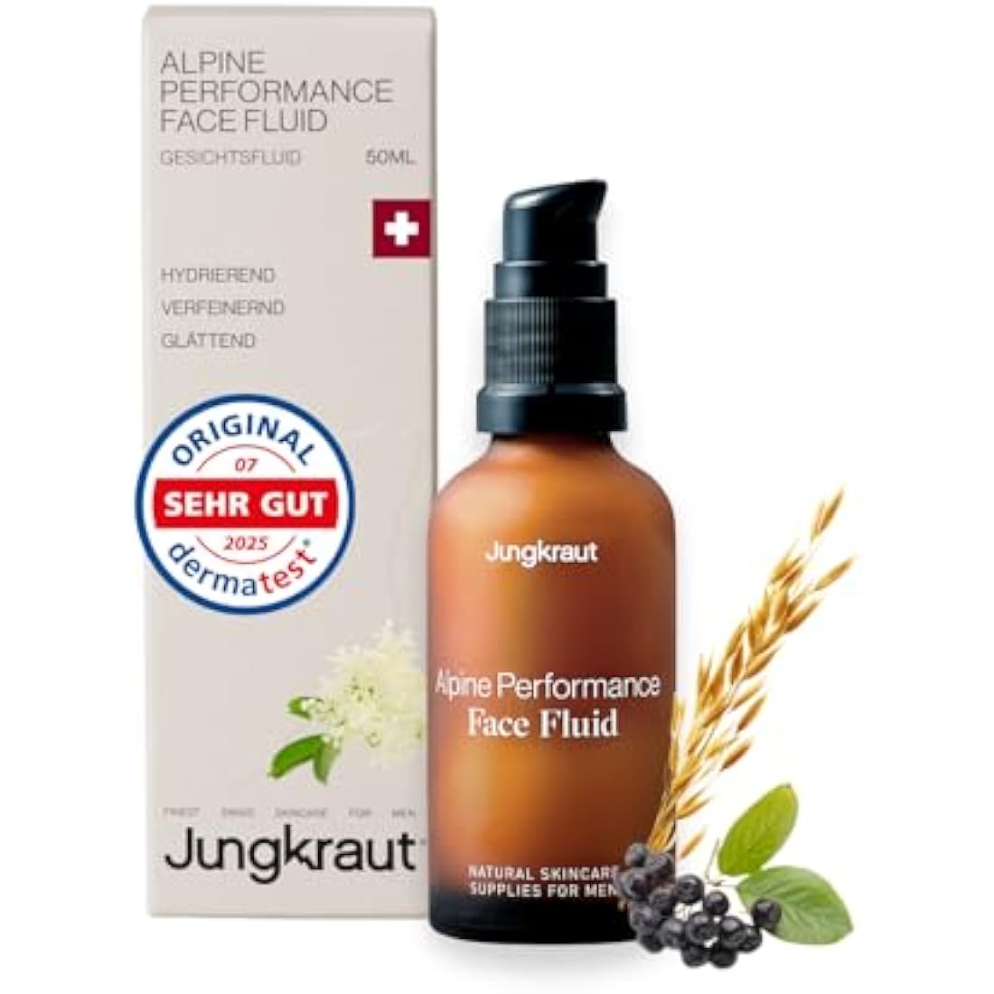 JUNGKRAUT Alpine Performance Face Fluid for men 1x50ml, natural face cream with hyaluronic acid, anti-aging, intense moisture, ultra-light, quickly absorbed, never greasy, made in the Swiss Alps