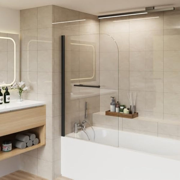Aquariss 800x1400 Bath Screen Pivot Bath Shower Easy Clean Glass Screen Reversible Door Panel Black with Towel Rail