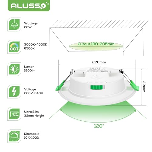 ALUSSO LED Recessed Ceiling Spot Lights, 22W Downlights Dimmable 1900LM, Warm White 3000K Neutral White 4000K Cool White 6500K Adjustable, IP44 Ultra