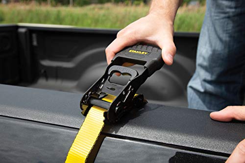 STANLEY S1007 Black/Yellow 1.5" x 16' Ratchet Tie Down Straps - 1,100 lb Safe Working Load / 3,300 lb Break Strength, 2 Pack
