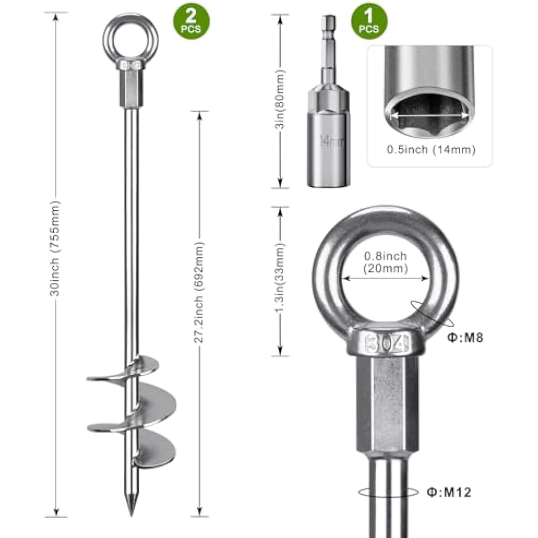 Dolibest Tent Peg Heavy Duty, 76cm Ground Anchor Screw Trampoline Stake Metal Earth Sand Spiral Wind Storm Spike for Swing/Camping/Shed/Dog/Carport/Canopy with Fixed Eyelet, 2 Pack