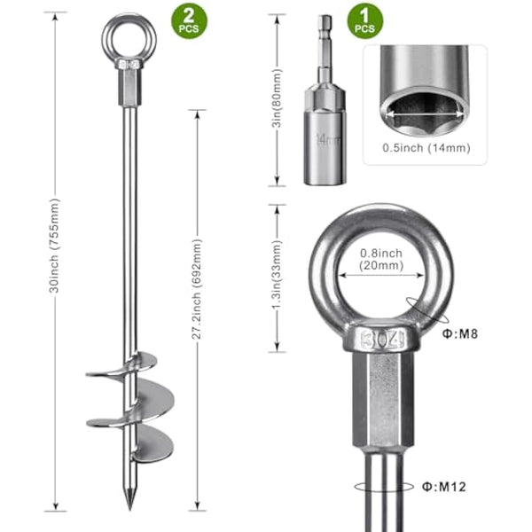 Dolibest Tent Peg Heavy Duty, 76cm Ground Anchor Screw Trampoline Stake Metal Earth Sand Spiral Wind Storm Spike for Swing/Camping/Shed/Dog/Carport/Canopy with Fixed Eyelet, 2 Pack
