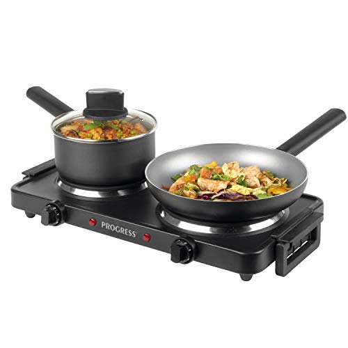 Progress EK4399P Electric Twin Hot Plate Dual Temperature Controls,Portable Hob Rings,Easy Grip Carry Handles, Non-Slip Tabletop & Outdoor BBQ