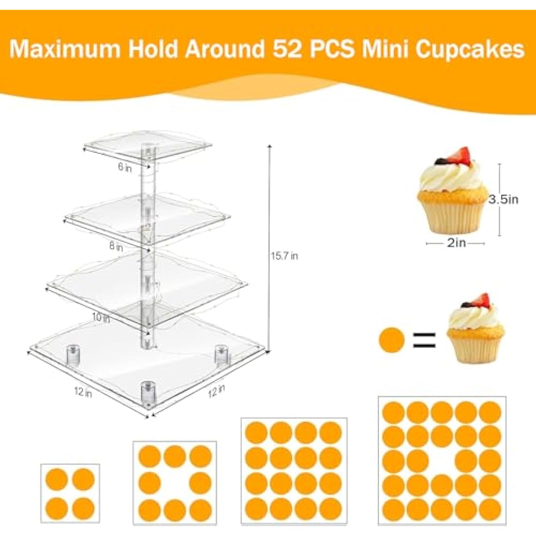 4 Tier Cupcake Stand Acrylic Tower Display with LED Light Premium Holder Dessert Tree Tower for Birthday Cady Bar Décor Weddings, Parties Events (Yellow Light)
