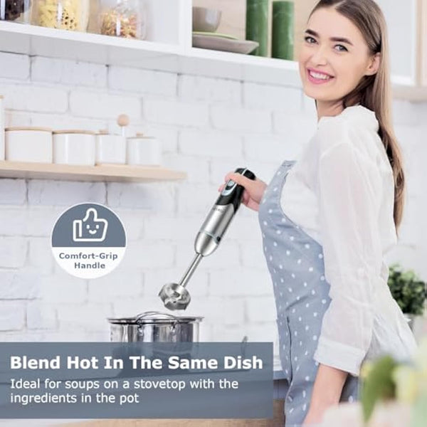 FRESKO Stainless Steel Hand Blender, 1200W Electric Stick Blender with 12 Speed and Turbo Mode, Heavy Duty Copper Motor Immersion Blender,700ml Beaker for Baby Food, Smoothies, Soup, BPA-Free