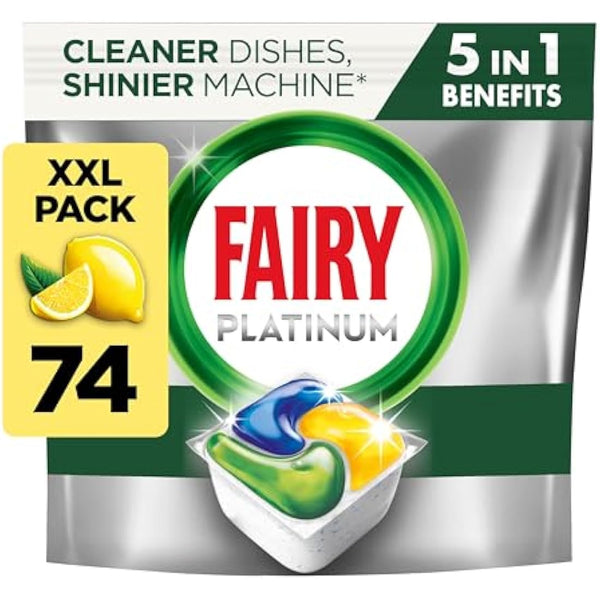 Fairy Platinum All-In-1 Dishwasher Tablets Bulk, 74 Tablets, Lemon, With Greasy Filter & Rinse Aid Action