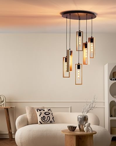 EGLO Pendant Lighting Littleton, 6 Light Vintage Cluster Hanging lamp in Industrial Design, Retro Ceiling Light Made of Black Metal and Natural Wood, E27socket, FSC Certified