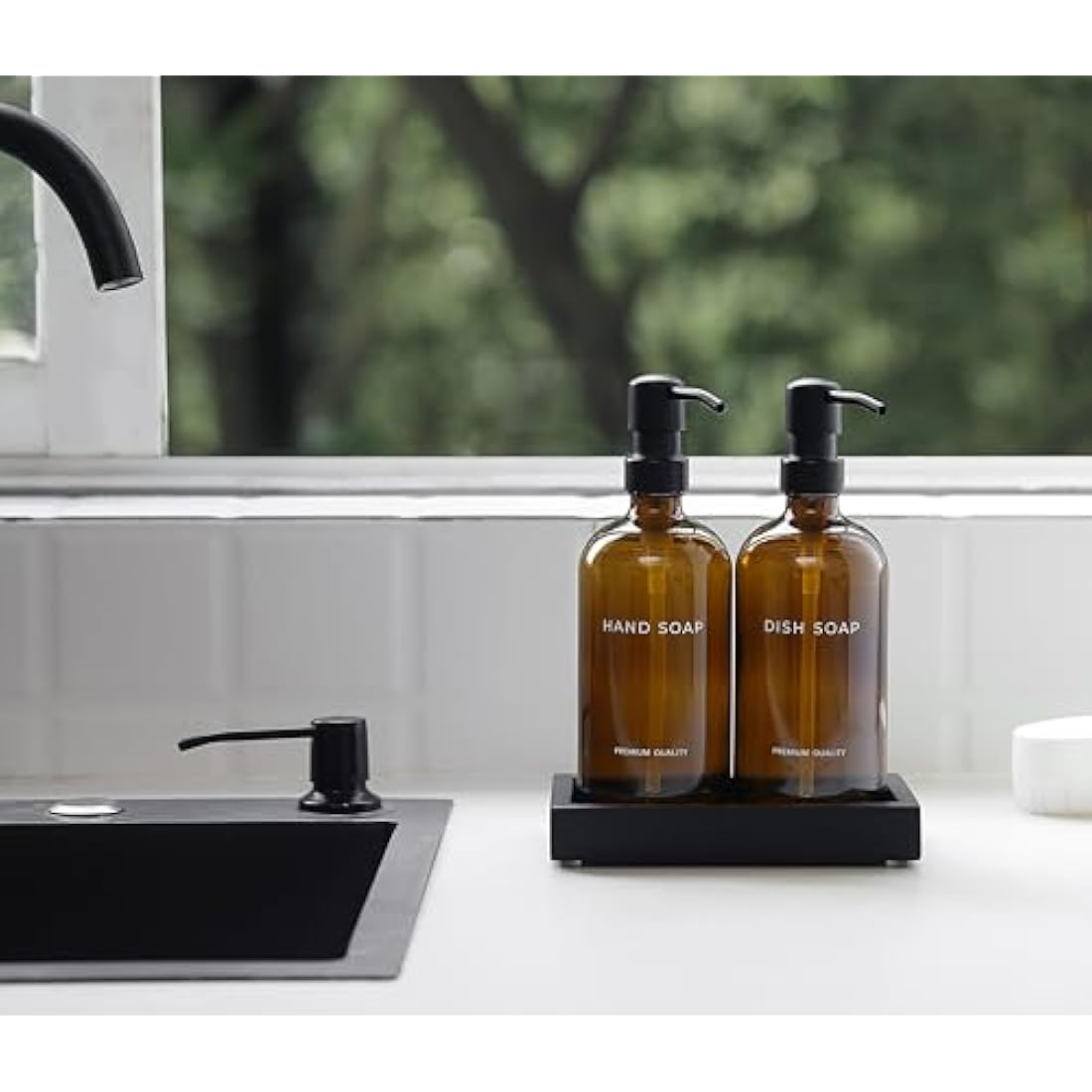 Amber Kitchen Soap Dispenser Set with Tray - Hand and Dish Soap Dispenser for Kitchen,Modern Kitchen Decor & Accessories. (Amber)