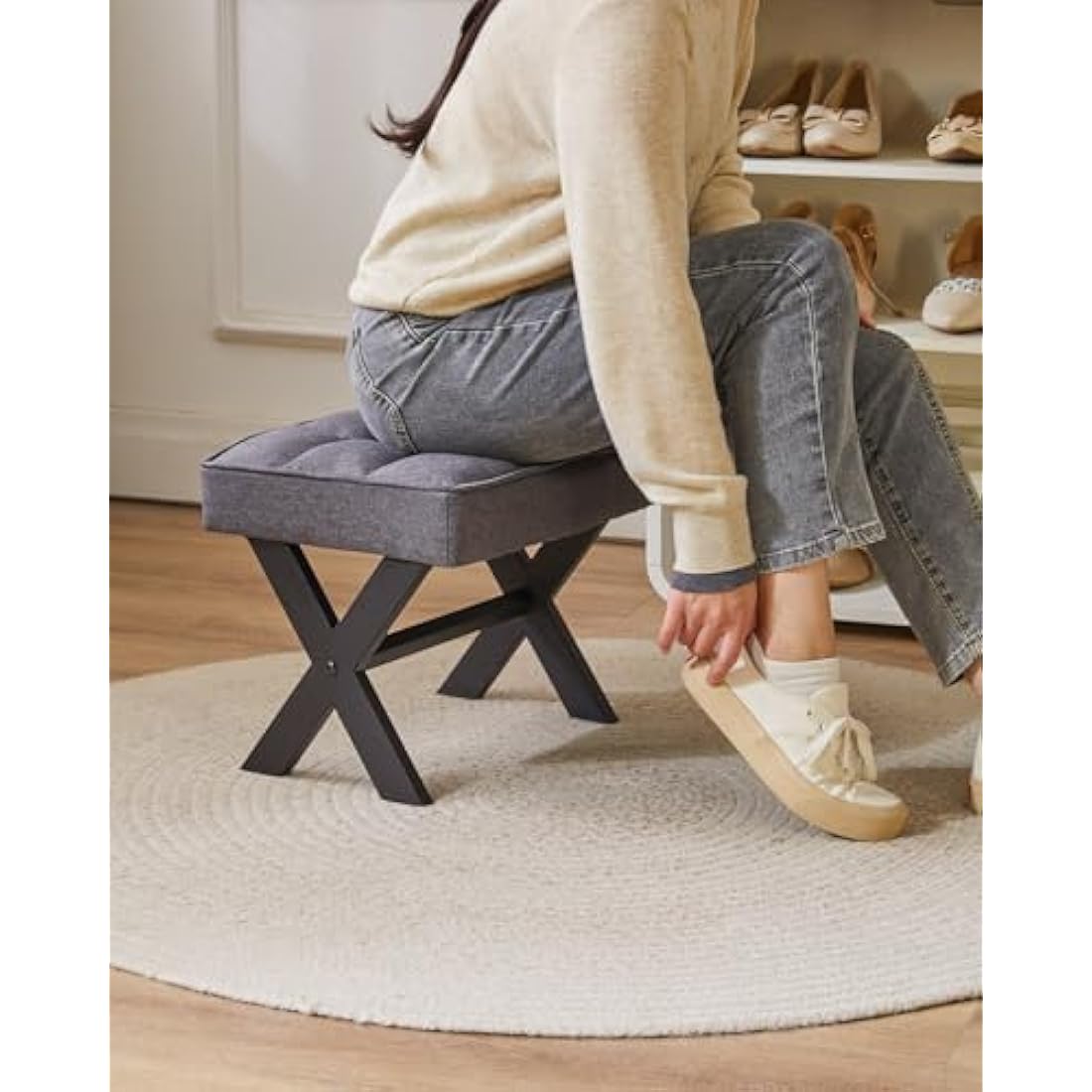 IBUYKE Small 12" H Footrest Stool, Square Linen Foot Stool with Metal X-Leg, Multi-Use as Small Side Table, Step Stool for Living Room, Bedroom, Entryway, Office, Dark Gray WBD011G