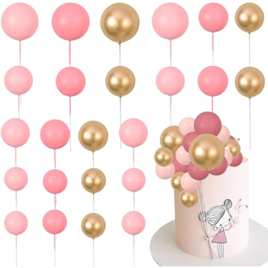 Gyufise 30Pcs Pink Gold Ball Cake Toppers Mini Balloon Cupcake Toppers DIY Foam Ball Cake Insert Decoration for Wedding Anniversary Birthday Party Supplies Decorations