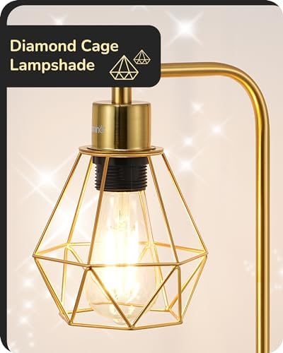 EDISHINE Bedside Lamps Set of 2, Dimmable LED Table Lamp, Diamond Cage Lampshade, USB Charging Ports, Touch Lamps for Living Room, Bedroom, E27 Socket, Bulb Included, Gold