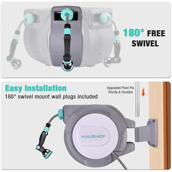 HAUSHOF 30m Wall Mounted Hose Reel with 10-in-1 Spray Gun, 180° Swivel Garden Hose Reel, Auto Retractable Hose Pipe Reel with Lock Mechanism, Ideal for Outdoor Watering