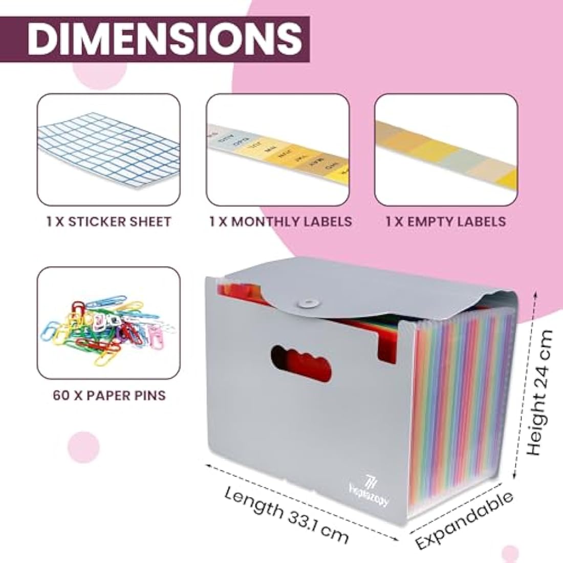 File Organiser, 26 Folders for Paperwork A4 with Clips, Unique Design, 34 x 25 x 4 cm Quality PP Document Organiser, Flap & Elastic Cord Closure Comes with Labels, Tags & Sticker Card (Gray)