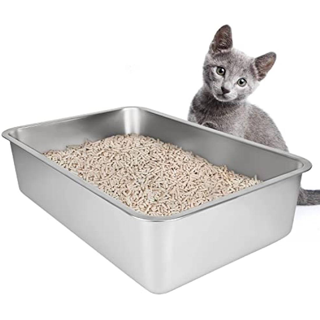 IKITCHEN Stainless Steel Cat Litter Box, Large Metal Litter Pan for Cats Rabbits, Never Absorbs Odors,Stain Free, Rustproof, Non Stick Smooth Surface, Anti-slip Rubber Bottom, 19.5"L x 13.5"W x 4"H
