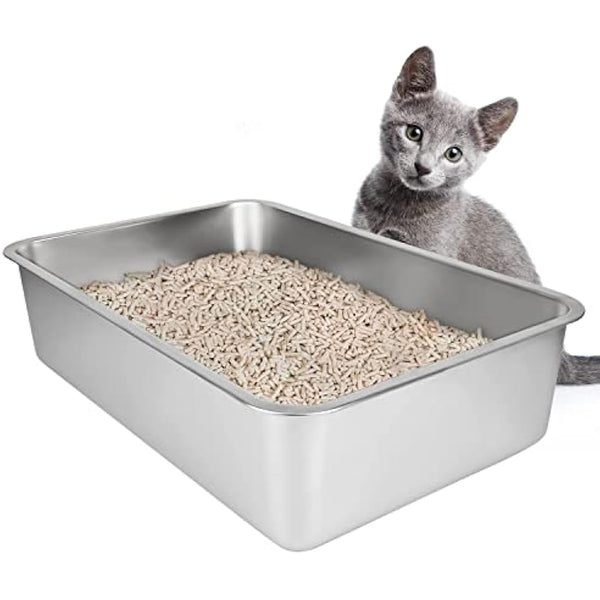 IKITCHEN Stainless Steel Cat Litter Box, Large Metal Litter Pan for Cats Rabbits, Never Absorbs Odors,Stain Free, Rustproof, Non Stick Smooth Surface, Anti-slip Rubber Bottom, 19.5"L x 13.5"W x 4"H