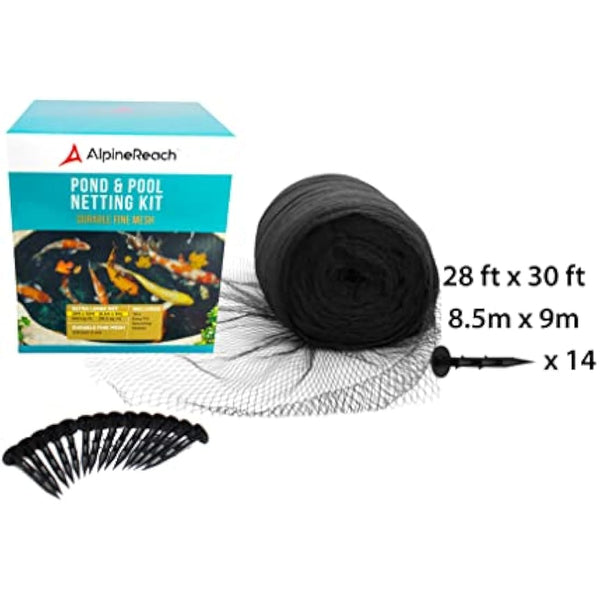 AlpineReach Koi Pond Netting Kit 8.5m x 9m Black Heavy Duty Woven Fine Mesh Net Cover for Leaves - Protects Koi Fish from Blue Heron Birds, Cats & Predators – Reusable & Stakes Included