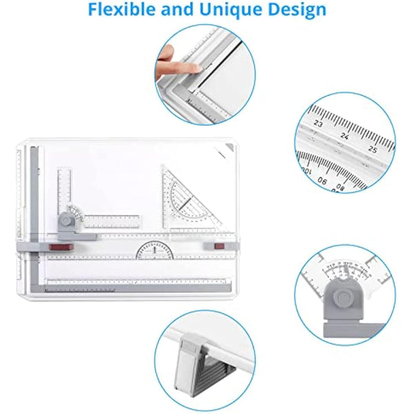 eSynic A3 Drawing Board Set, A3 Multifunction Drafting Table Adjustable Measuring System Angle Parallel Motion Drawing Board with Protractor, Paper Locator, Sliding Ruler, Anti Slip Support Leg