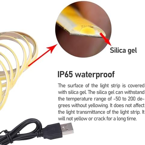 GOMING DC 5V USB COB LED Strip Light Warm White 3000K Dimmable IP65 Waterproof CRI 93+ USB Powered 6.6ft/2M 320LEDs/M Flexible LED Tape Lights for TV Backlight Cabinet Home DIY Lighting