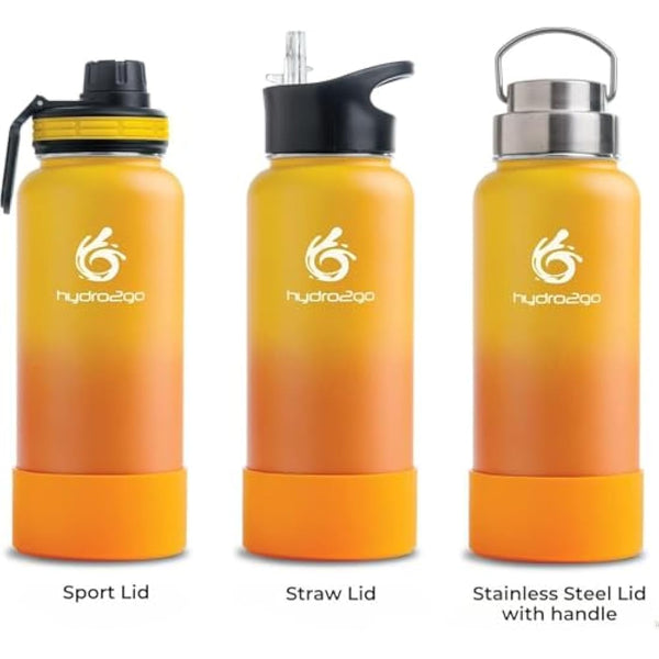 hydro2go Stainless Steel Water Bottle – BPA-Free Bottle for Kids, School, Sports & Outdoor – Keeps Drinks Hot for up to 12H and Cold for up to 24H – Includes 3 Drinking Caps – 950 ml (Sun)