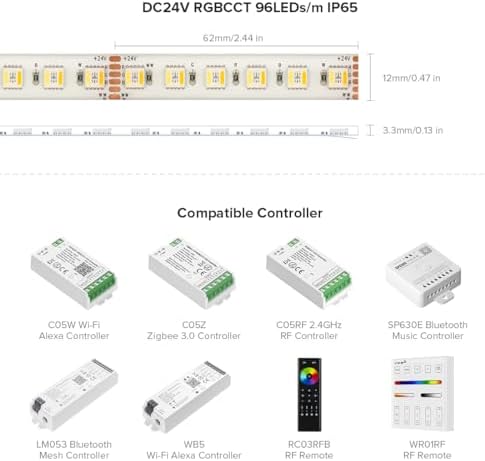 BTF-LIGHTING 5in1 RGBCCT 5050 5M 96LEDs/m 480LEDs RGB+Cold White+Warm White LED Strip DC24V Ip65 Waterproof White PCB 5 Colour in 1 LED for Room Home Decoration(Strip Only)