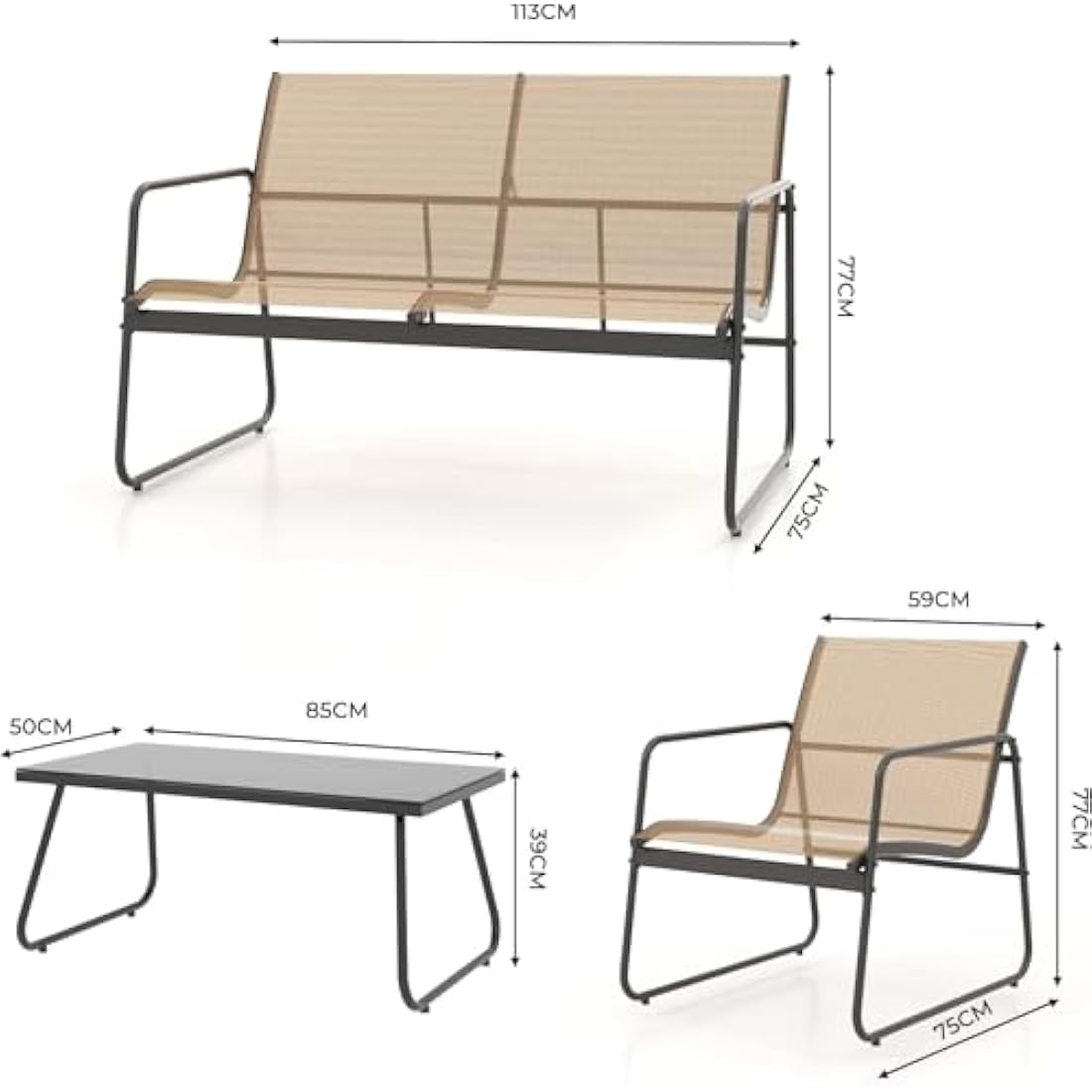 Grand patio Conversation Sets 4 Pieces, Garden Table and Chairs, mesh sling Material, Waterproof, Breathable, Garden Furniture Sets for Outdoor, Backyard, Poolside (Brown)