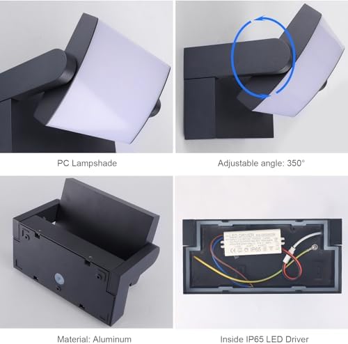 Klighten 24W LED Wall Light Outdoor Indoor Waterproof IP65, Adjustable Aluminum Wall Lamp, Modern Outside Light Mains Powered for Entrance Garden Terrace, 1500LM, Anthracite, Natural White 4000K