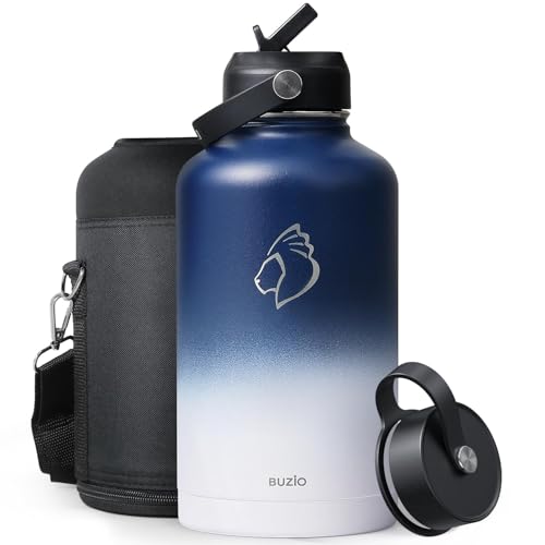 Stainless Steel Water Bottle 2L, BUZIO Vacuum Insulated Water Bottle with Straw Lid and Flex Cap Cold for 48 Hrs, Hot for 24 Hrs Double Wall Wide Mouth BPA Free Leak Proof, Black