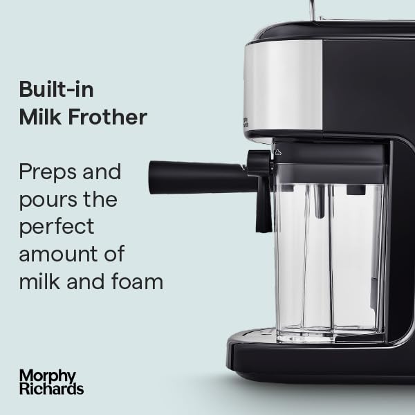 Morphy Richards Compact Espresso Machine, Dual Cup, 1L Water tank, Variable Steam Control and Milk Frother Wand, Ground Coffee and ESE Pod Compatible, Stainless Steel, 172022