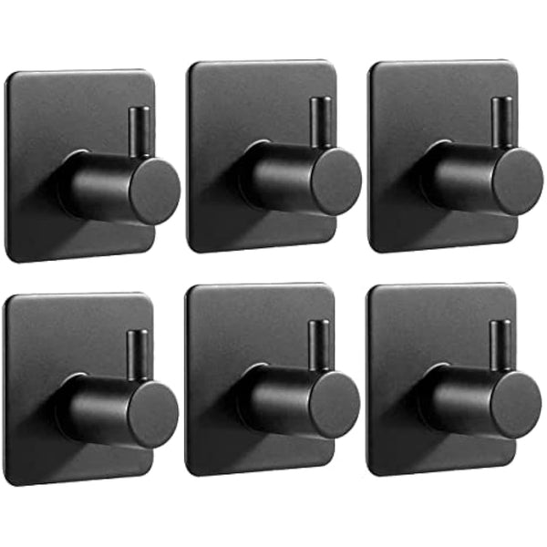 JS Self Adhesive Hooks - Stick on Hooks Holder for Tea Towel, Robe, Coat, Kitchen, Bathrooms - Stainless Steel, Waterproof, Rustproof - Black 6pack