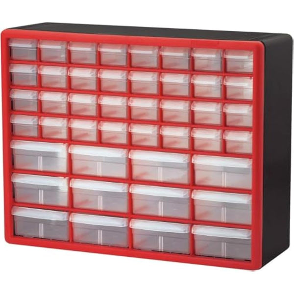 Akro-Mils 10144 44-Drawer Plastic Drawer Storage Cabinet for Garage Organization, Lego Storage, Teacher Toolbox, Makeup Organizer, and More, 20-Inch W x 6-Inch D x 16-Inch H, Red