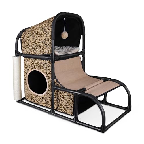 Goetland PVC Modern Cat Condo Cat House Cat Tree Medium Cat Tower Bed Scratching Post Climber Peek Dangling Ball Hole For Kitty Indoors Cat Leopard