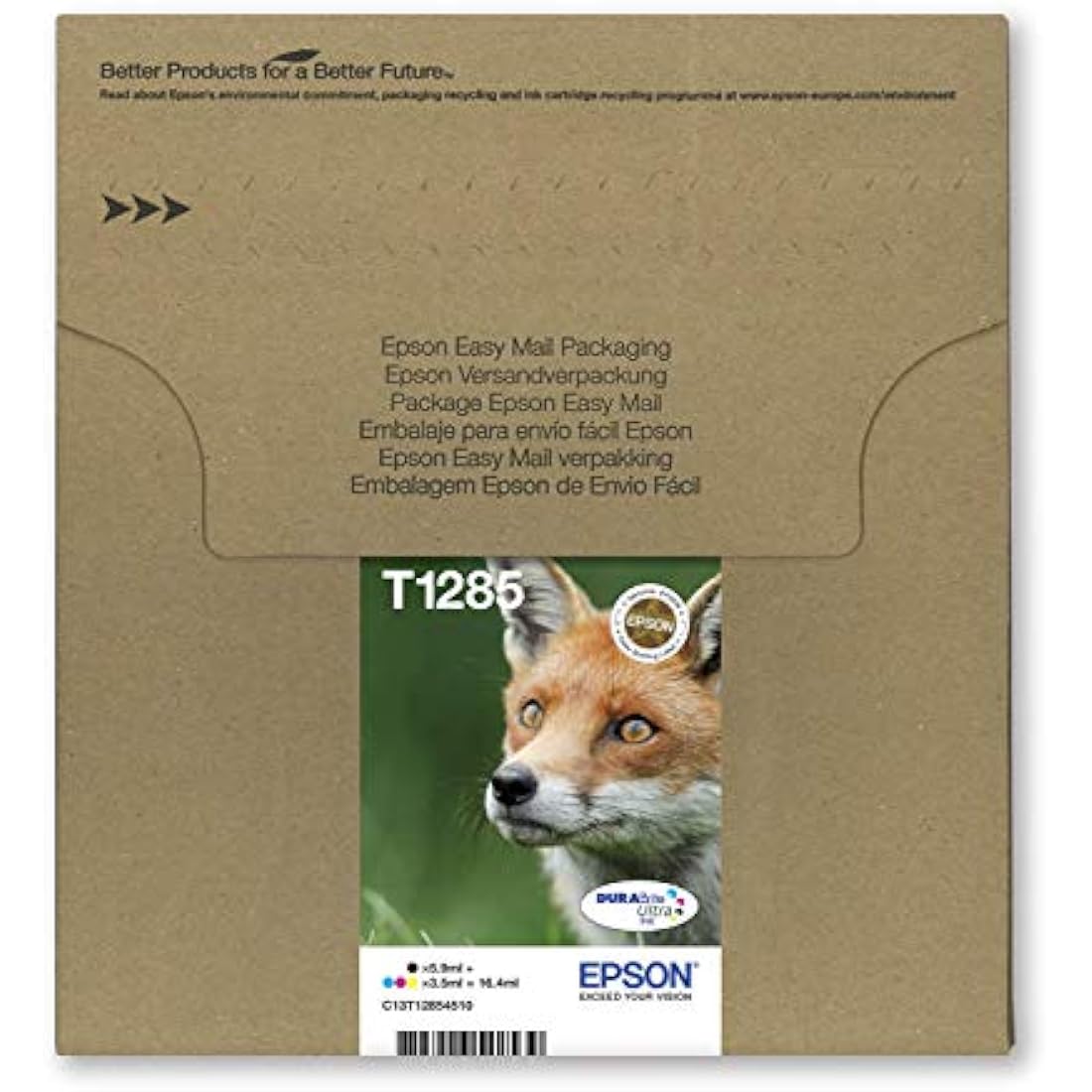 Epson T1285 Fox Genuine Multipack, Eco-Friendly Packaging, 4-colours Ink Cartridges, DURABrite Ultra Ink