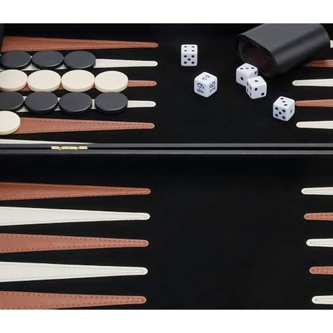 Engelhart – 250504 – Deluxe Backgammon Game 18” – Brown/Ivory – Open: 45.5 x 30.5 x 6 cm –Felt interior – Faux leather points – Metal clasps – 2 players – 5 dice, 2 cups matching checkers